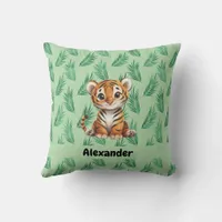 Cute Cartoon Tiger on Tropical Leaves Throw Pillow