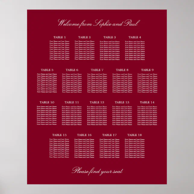 Burgundy 18 Table Wedding Seating Chart Poster