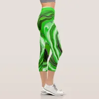 Green and Black Marble like Striped Fluid Art    Capri Leggings