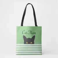 Cat Mom Peeking Black Cat Green Stripe Shoulder Tote Bag