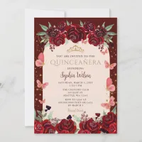 Burgundy Gold Floral Butterfly Quincea&#241;era Quince Invitation