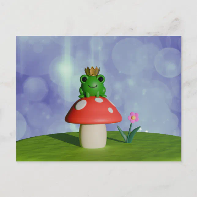 Cute Cartoon Frog Wearing a Crown on a Mushroom