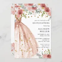 Floral Chic Blush Gold Glitter Dress QUINCEA&#209;ERA Invitation