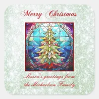 Sparkly Stained Glass Christmas Tree Green Glitter Square Sticker