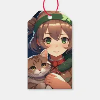 Cute Anime Girl Holding a Kitten Christmas Gift Tags