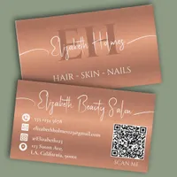 Elegant Copper Brown Monogram Makeup Artist QR Business Card