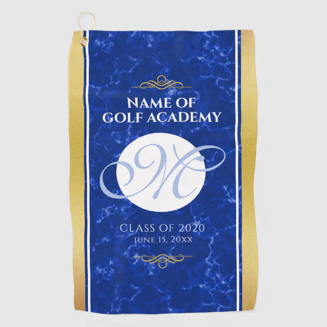 Elegant Graduation Monogram Blue Marble Gold Foil Golf Towel