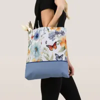 Watercolor Flowers and Butterflies, Color Block Tote Bag