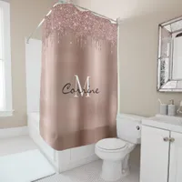 Monogram Rose Gold Dripping Glitter Metallic Shower Curtain