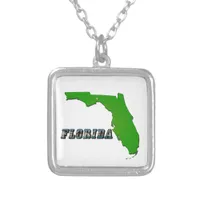 Florida State Map and Text Silver Plated Necklace