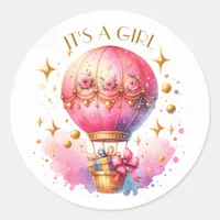 It's a Girl Pink Gold Hot Air Balloons Baby Shower Classic Round Sticker