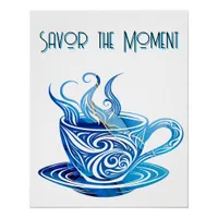 Artistic Blue Coffee Cup with Swirling Patterns Poster