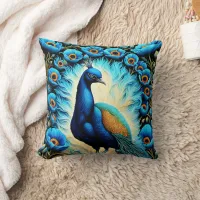 Colorful Peacock Surrounded by Blue Flowers Throw Pillow