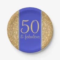 Glittery Gold and Blue 50 & Fabulous 50th Birthday Paper Plates