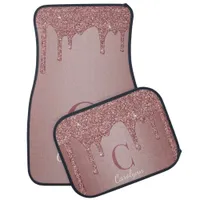 Chic Rose Gold Glitter Drips Monogram Car Floor Mat