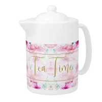 Pretty Custom Name Floral Pink and Gold   Teapot