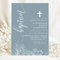 Dusty Blue White Floral Elegant Script Baptism Invitation