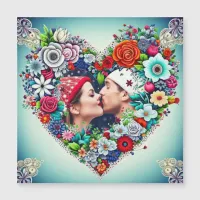 Love | Teal and Red Floral Heart with Couple's Pic