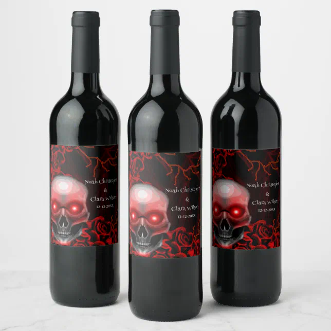 Black red floral dark moody gothic skull halloween wine label