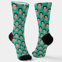 Custom Face Photo Turquoise Blue Crew Socks