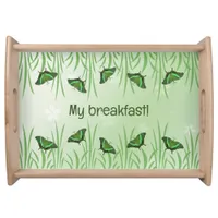 Green butterfly on light green  - romantic    serving tray