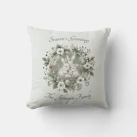 Cute Rabbits in a Floral Winter Wreath Throw Pillow