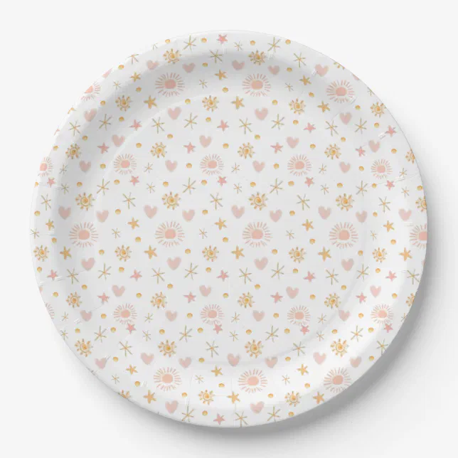 Kids Cute Ditsy Pattern of Suns, Hearts, and Stars Paper Plates