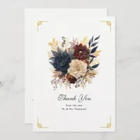 Gold, Navy Blue, and Burgundy Floral Wedding Thank You Card