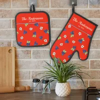 Blueberry Red White Blue Kitschy Summer Oven Mitt & Pot Holder Set