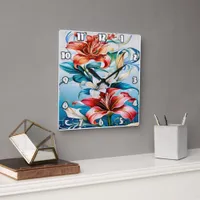 Vibrant Flowers in Bloom Surrounded by Swirls Square Wall Clock