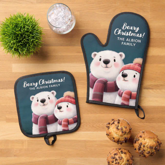 Beary Christmas Cute Polar Bear Cubs Oven Mitt & Pot Holder Set