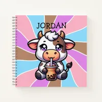 Cute Baby Cow Drinking Boba Kawaii Cartoon Notebook