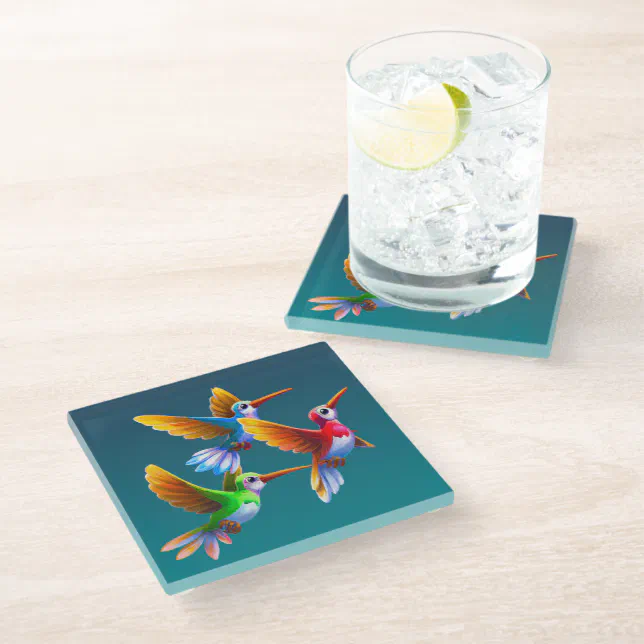 Colorful Hummingbirds in Flight Glass Coaster