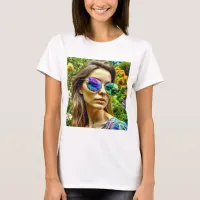 Beautiful Girl with Sunglasses Reflection Flowers T-Shirt