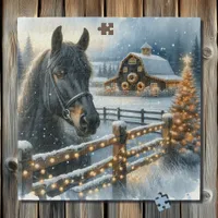 Beautiful Festive Black Horse on Farm Christmas Jigsaw Puzzle