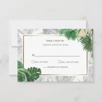 tropical leaves gold  greenery wedding RSVP card