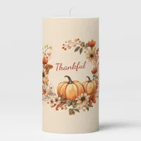 Thankful Pumpkin and Autumn Flowers Wreath Pillar Candle