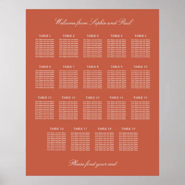 Terracotta 19 Table Wedding Seating Chart Poster