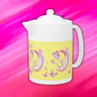 Pretty Pink- Moon, Butterfly, Floral - Monogram | Teapot