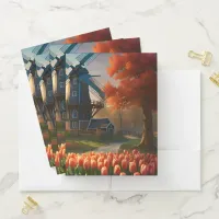 Windmill in Dutch Countryside by River with Tulips Pocket Folder