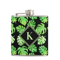 Tropical Green Watercolor Leaves Custom Monogram Flask