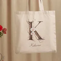 Elegant Floral Orchid 'K' Custom Name Monogram Tote Bag