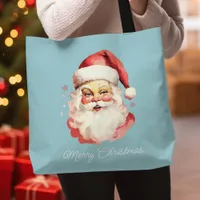 Vintage Retro Santa Claus Blue Merry Christmas Tote Bag