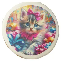 Cute Pink and Blue Kitten Girl's Birthday Sugar Cookie