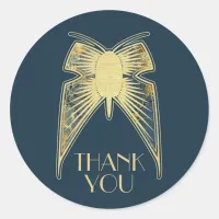 Art Deco Butterfly Blue Gold "Thank You" Classic Round Sticker