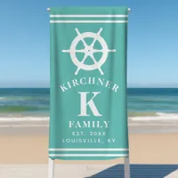 Ship Wheel Boating Boat Captain Family Name Teal Beach Towel