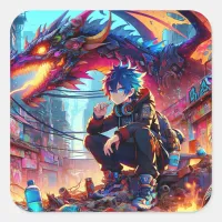 Anime Boy and Dragon in a Dystopian World Square Sticker