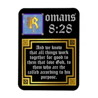 Romans 8:28 Gold Illuminated Letter Bible Quote Magnet