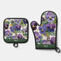 Monogrammed Violet Flowers Pretty Floral Patterned Oven Mitt & Pot Holder Set