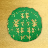 Gold Fairies with Pixie Dust on Green Monogram | Round Pillow